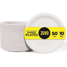 Zuvo vienreizlietojamie šķīvji 50 Pack 100% kompostējami balti 10