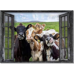 LXTOPN Cows on Window Canvas Painting Vintage Farmhouse Plakāts Pictures Sienas bildes Dzīvojamā istaba Guļamistaba Mājas Dekorācija bez rāmja (70 x 50 cm)