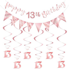 13. Geburtstag Dekoration Kit für Mädchen, Happy 13th Birthday Banner Wimpelkette Wirbel Streamers, Dreieck Flagge Banner für Geburtstag Party Dekorationen Supplies Rose Gold 13