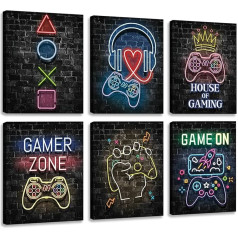 CHDITB 6 neona spēļu plakātu komplekts, spēļu sienas attēls bērnu istabai, Playstation attēli ar rāmi (25 x 20 cm), spēļu konsoles Gamer Zone spēļu istabas sienas dekori pusaudžu istabai,