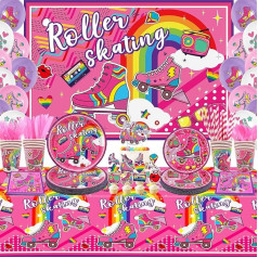 LSJDEER Roller Skate Party Supplies - Roller Skate Birthday Party Decorations Include Happy Birthday Background, Cake Toppers, šķīvji, krūzes, salvetes, galdauti, galdauts