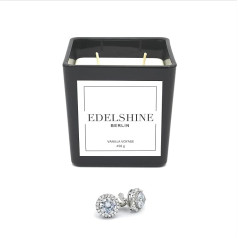 EDELSHINE Liela sojas vaska aromātiskā svece stiklā, vaniļas krāsā, ar elegantu klasisku rotaslietu no 925 sudraba, 450 g, degšanas laiks 80 - 100 stundas, roku darbs, ražota Vācijā (Auskari)