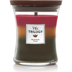 WoodWick Medium Trilogy aromātiskā svece smilšu stundu burkā ar plaukstošu daktu | Pie kamīna | Degšanas laiks līdz 60 stundām