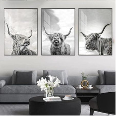 LXTOPN Highland Cow Kanvas Pictures, Highland Cow Picture, komplekts no 3 melnā un baltā Highland Cow Plakāti guļamistabai, dzīvojamā istaba, Modernā apdare, bez rāmja (melna balta, 50 x 70 cm)