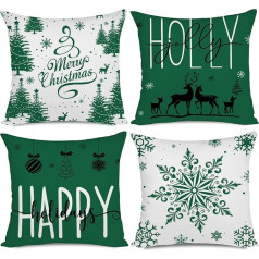 Miaikoe Green Christmas Cushion Covers 50 x 50 cm Set of 4 Christmas Decorations Happy Holidays Holly Jolly Snowflake Merry Christmas Decor Throw Cushion Case for Home Couch Sofa Deco