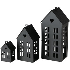 Main Street Townhouse sveču laternu komplekts 3 Vintage stila sirds detaļas Rustic Black Metal Wavy Gable Roofs 13,5