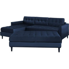 Selsey KOPENHAGA Kampinė sofa / moderni kampinė sofa su veliūro užvalkalu, medinėmis kojelėmis, iš abiejų pusių tvirtinama antčiužiniu, 225 cm pločio (tamsiai mėlyna, su taburete)