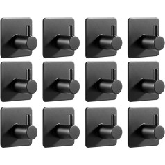 Feligio Adhesive Hooks, No Drilling, Pack of 12, Self-Adhesive Hooks, Black, Stainless Steel Wall Hooks for Home, Kitchen, Bathroom, Office