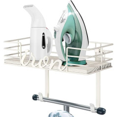 Tj.moree Ironing Board Hanger for Laundry Room, Iron and Ironing Board Holder, Metal Wall Mount with Large Storage Basket with White Wooden Board and Removable Hooks, White