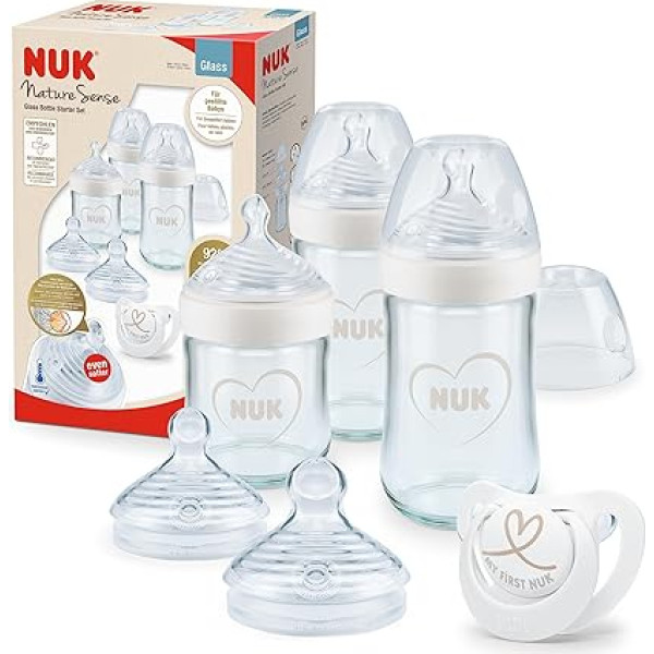 NUK Nature Sense Babyflaschen aus Glas, Starter Set | 0–6 Monate | 3 x Anti-Colic-Babyflaschen, Sauger & Genius Schnuller | BPA-frei | Herz (neutral) | 7 Stück