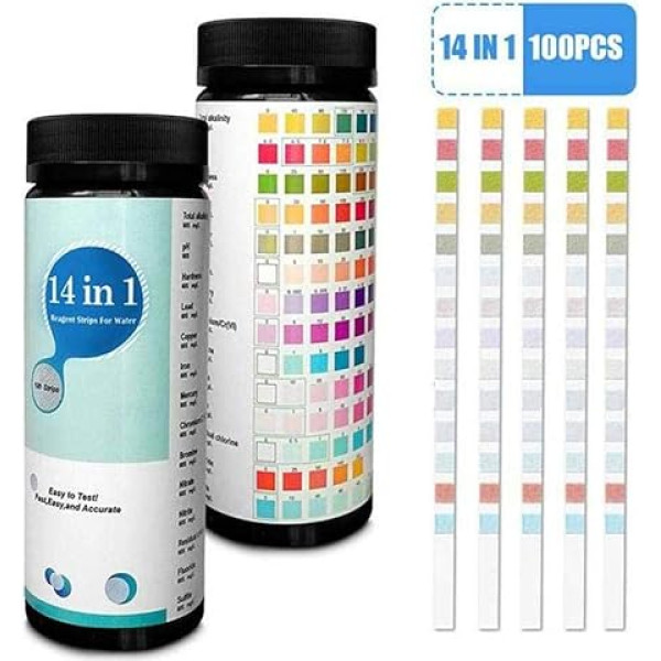 Caste Pool PH Test Strips, 14 in 1 Water Tester, Pack of 100 Pool Test Strips for Total Alkalinity, PH Value, Hardness, Lead, Copper, Iron, Mercury, Chrome/Chrome (VI), Bromine, Nitrate, Nitrite, Residual