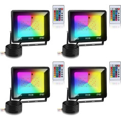 Joparri 4 x 50 W RGB LED Spotlight with Remote Control, 16 Colours, 4 Modes, IP66 Waterproof, Colourful Dimmable Floodlight with Memory Function, RGB LED Floodlight for Patios, Porch Lighting