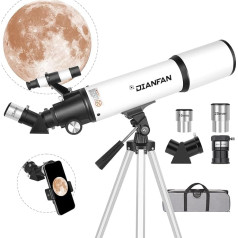 Dianfan teleskops, 80 mm atvēršanas teleskops, profesionāls astronomiskais teleskops pieaugušajiem, refraktora teleskops bērniem un iesācējiem ar tālruņa adapteri, AZ stiprinājumu, statīvu un somu