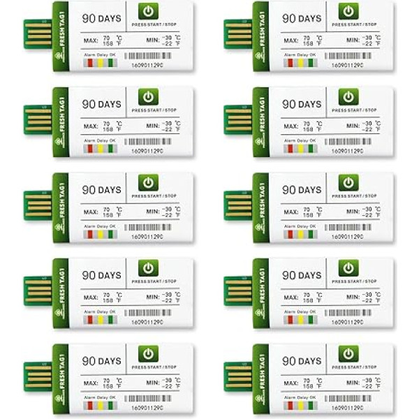 Freshliance USB temperatūras datu reģistrators ar 30 000 nolasījumiem, vienreizlietojams temperatūras pildspalva ar PDF CSV ziņojumiem, augsta precizitāte 90 dienas, 10 iepakojumi, unikāla auksta ķēde, Fresh Tag 1