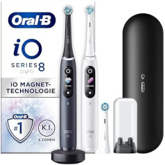 Oral-B iO Series 8 elektriskā zobu birste, dubultā iepakojumā, 3 rezerves birstes, 6 tīrīšanas režīmi zobu kopšanai, ceļojuma futrālis, melns onikss/balts alabastrs