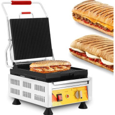 RUYICZB Panini Press Grill, Kommerzieller Sandwichmaker, Elektrischer Panini Maker Sandwichtoaster Aus Edelstahl Für Hamburger/Steaks Und Speck, Toastgrill Mit Großen Rillen, 1800 W