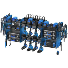 CCCEI Blue Large Tools Organiser Wall Mount Charging Station, 39 collu garš elektroinstrumentu akumulatoru glabāšanas statīvs ar 6FT strāvas sloksni.8 urbju turētājs, garāžas plaukti. Piekaramais pagarinājums