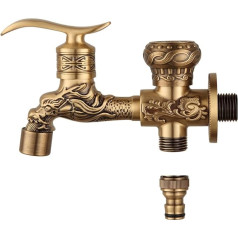 Paplašinātā versija Double Outlet Faucet Antique Copper Dragon Carved Faucet Vannas istaba Mop Faucet Veļas mašīna krāns Dārza āra krāns