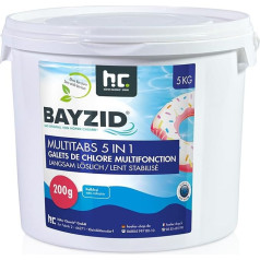 Bayzid Chlorine Multitabs 5 in 1-200 g Hlora tabletes baseinam - 5 kg - 5 fāžu kopšana un tīrīšana - Ražots Eiropā - Kristāldzidram baseina ūdenim