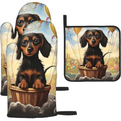 Oven Mitts Pot Holder Set Heat Resistant Waterproof with Pot Holder Dachshund Hot Air Balloon Non-Slip Cooking Gloves for Baking, Cooking, Grilling, Grilling, 3 Pieces