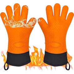 vilovio Grillhandschuhe, Grillhandschuhe, Silikon-Ofenhandschuhe, zum Kochen, Grillen, Backen, lange Wärmeisolierung, wasserdicht, rutschfest (orange)