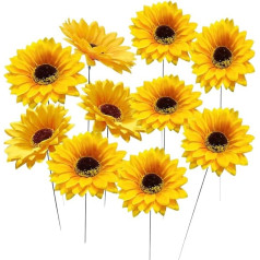 Sonnenblumenstecker für den Außenbereich, helle Sonnenblumen, 10 Stück, Sonnenblumenform, Garten, dekorativ mit Pfahl, künstliche Blumen für den Außenbereich, Hof, Weg, Terrasse, Rasen