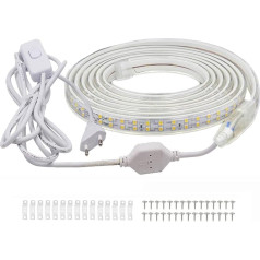 FOLGEMIR 15 m LED lente ar slēdzi - silti balta, 2835 SMD 180 LED/m lente, 230 V spilgts apgaismojums, IP65 ūdensizturīga (15 m)