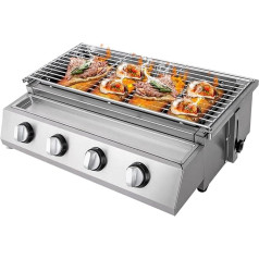 Gas Grill, 4 Flames, LPG Gas BBQ Grill, Table Grill, Garden Grill, Height Adjustable, Stainless Steel Burner, Gas Grill