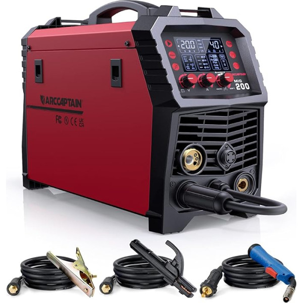 ARCCAPTAIN MIG MAG suvirinimo aparatas 200 amperų, 7 in 1 visiškai sinerginis suvirinimo aparatas Flux Cored Wire/MAG/MIG inertinių dujų suvirinimo aparatas/MMA/Lift TIG/Support Spool Gun/Spot Welding, IGBT inverter230V