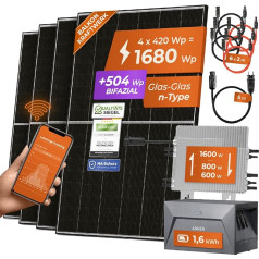 Solarway 1680 W Balkona elektrostacija 1600 W, komplektā ar 1,6 kWh enkura krātuvi, regulējama jauda 600/800/1600 W, 4 x 420 W Bifacial Glass/Glass N-type, JaSolar moduļi, invertors ar aplikāciju un WiFi