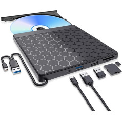 Išorinis DVD kompaktinių diskų įrenginys Išorinis USB 3.0 USB C DVD įrenginys su SD/TF lizdu ir 2 USB prievadais, DVD įrašymo įrenginys / grotuvas Išorinis kompaktinių diskų įrenginys, skirtas nešiojamajam kompiuteriui 