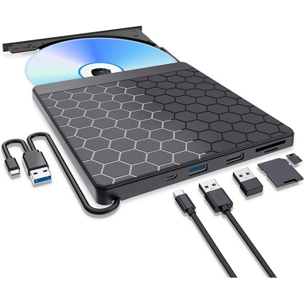 Ārējais DVD CD disks Ārējais USB 3.0 USB C DVD disks ar SD/TF slotu un 2 USB pieslēgvietām, DVD ierakstīšanas/ atskaņošanas ierīce, ārējais CD disks portatīvajam datoram Mac MacBook Windows 11/10/8.1/7 Linux/Desktop