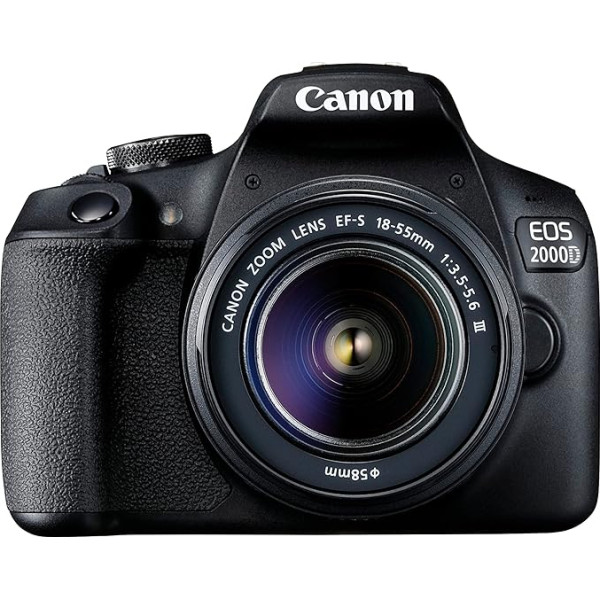 Canon EOS 2000D spoguļkameras ar EF-S 18-55 F3.5-5.6 III objektīvu (24,1 MP, DIGIC 4+, 7,5 cm (3,0 collu) LCD, displejs, Full HD, WiFi, APS-C CMOS sensors), melna