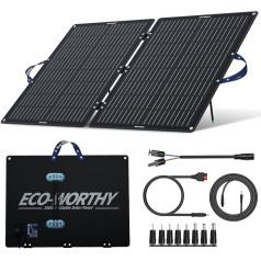 ECO-WORTHY 100 W salokāms saules bateriju panelis 12 V ar 10 līdzstrāvas adapteri, 30°/40° regulējams statīvs, saules bateriju modulis portatīvai elektrostacijai, autofurgonam, treilerim, kempingam