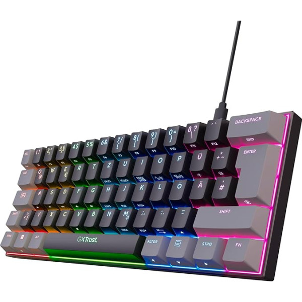 Trust Gaming GXT 867 Acira 60% mehāniskā tastatūra Deutsches QWERTZ Layout, RGB Beleuchtung, Doppelt Belegte Tasten, USB Mini Tragbare Programmierbare Kleine Gaming Tastatur 60 Prozent PC Laptop