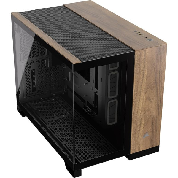 CORSAIR 2500X Small-Tower mATX divu kameru PC korpuss - rūdīts panorāmas stikls - saderīgs ar reversā savienojuma pamatplatēm - bez ventilatoriem - melns/olīvkoka rieksts