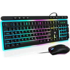 HLONONE spēļu tastatūras un peles komplekts, varavīksnes LED fona apgaismojums, USB vadu, ergonomiska tastatūra datorspēlētājiem un birojam, QWERTZ DE izkārtojums, melns