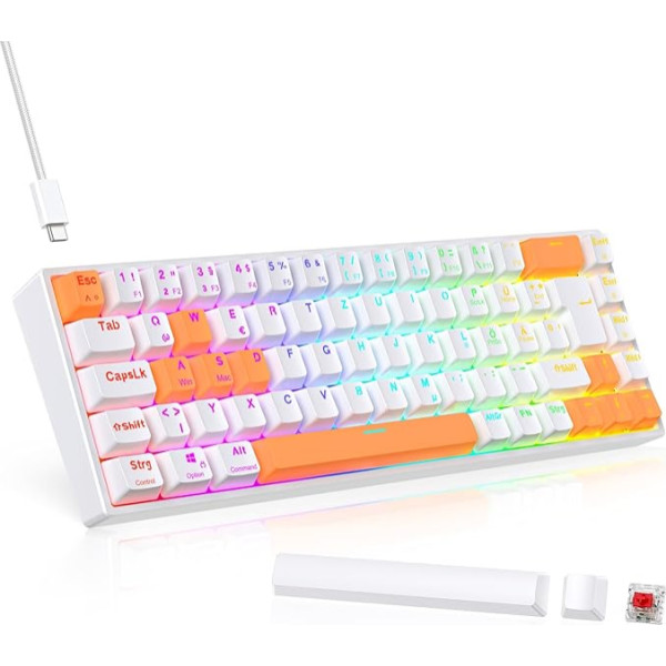 TECURS Gaming Keyboard - RGB mehāniskā tastatūra ar kabeli, 65% QWERTZ Gamer tastatūra ar Hot-Swap sarkanu slēdzi PC/PS4/PS5, balta krāsā