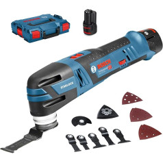 Bosch Professional 12 V sistēmas akumulatora daudzpjāvējs GOP 12 V-28 (Starlock instrumentu turētājs, ieskaitot 3,0 x Ah akumulatoru + ātro lādētāju, 1 x delta slīpēšanas plāksne, 5 x slīpēšanas loksnes, 3 x iegremdējamais zāģa asmens, 