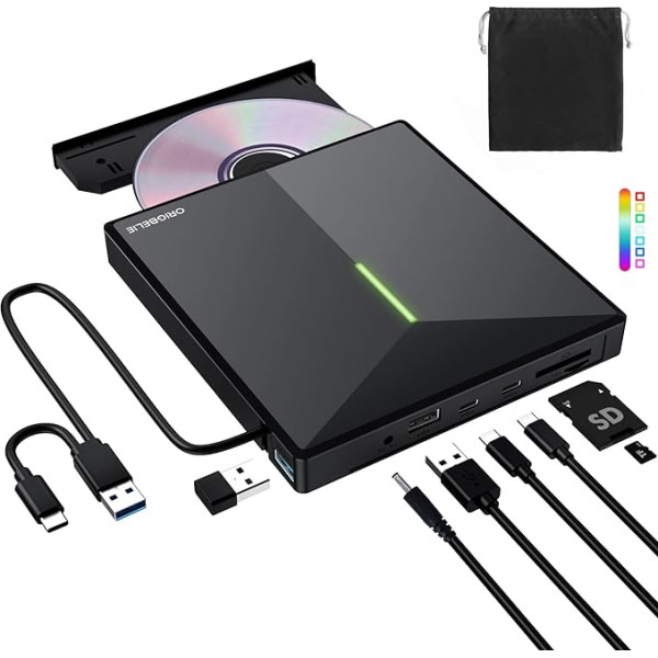 ORIGBELIE Ārējais CD disks ar 4 USB pieslēgvietām un 2 TF/SD karšu slotiem, portatīvais USB 3.0 ārējais DVD disks portatīvajam datoram MacBook Desktop PC Windows 11/10/8/7 Linux Mac OS