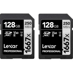 Lexar Professional 1667x SD Card, 128GB, Pack of 2, Memory Card SDXC UHS-II, Up to 250 MB/s Read, Class 10, U3, V60, SD for Professional Photographers, Videographers, Enthusiasts (LSD1667128G-B2NAA)