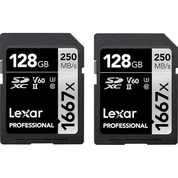 Lexar Professional 1667x SD karte, 128 GB, 2 atmiņas kartes, SDXC UHS-II, lasīšanas ātrums līdz 250 MB/s, 10. klase, U3, V60, SD profesionāliem fotogrāfiem, videogrāfiem, entuziastiem (LSD1667128G-B2NAA)