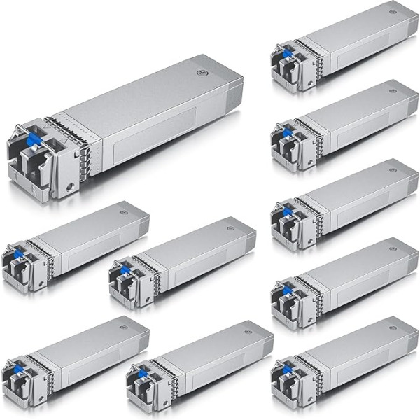 Iepakojumā 10 10 10 GB SFP+ LR vienmodu moduļi, 10GBase-LR LC transceiveri, saderīgi ar Cisco SFP-10G-LR, Meraki, Mikrotik, Ubiquiti UniFi, Netgear, Zyxel, Qnap, Synology, D-Link, TP-LINK, Open Switch