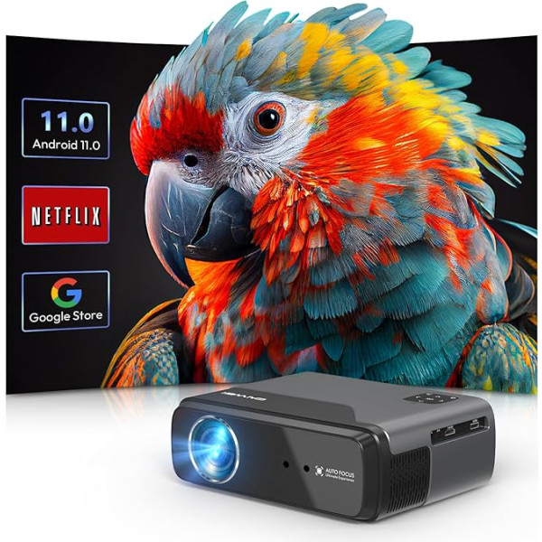 Netflix biroja un autofokusa projektors, 4K, 950 ANSI viedprojektors ar WiFi, Bluetooth 5.3, automātiskā 6D trapeces korekcija LED video projektors, 4K mājas kino ar Chromecast, balss palīgs spēlēm