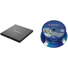 Verbatim Slimline ārējais Blu-ray ierakstītājs, USB 3.0 ports, Blu-ray atskaņotājs, kompakts ārējais Blu-ray ierakstītājs lielām dublējuma kopijām, iekļauts 25 Datalife Blu-ray 25 GB vijums