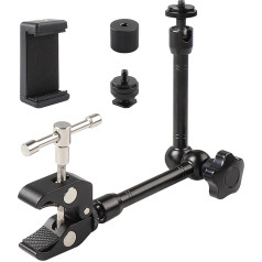 11 Inch Adjustable Articulated Arm Magic Arm, Super Clamp with 1/4 Inch and 3/8 Inch Screw Holes and a Double Hole Phone Holder for Photo, Video and Camera Equipment