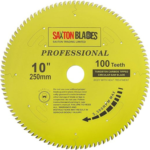 Saxton TCT250100TPRO profesionālās sērijas ripzāģa asmens 250mm 100T x 30mm urbums 16, 20, 25mm un 25,4mm samazinājuma gredzeni, saderīgs ar Bosch Makita Dewalt