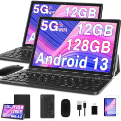 GOODTEL 2024 Jaunākais planšetdators 10 collu Android 13 ar 12GB RAM + 128GB ROM 1TB TF, 5G + 2.4G WiFi, GPS, Bluetooth 5.0, 6000mAh, Dual Camera 8+5MP, Cast, OTG, Type C, ar korpusu, tastatūru un peli (melns)