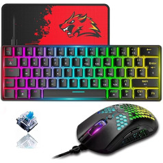 ZIYOU LANG T60 60% mechaninė žaidimų klaviatūra ir pelė [UK išdėstymas] - RGB apšvietimas C tipo ergonominė mini klaviatūra - 12000 DPI, USB 