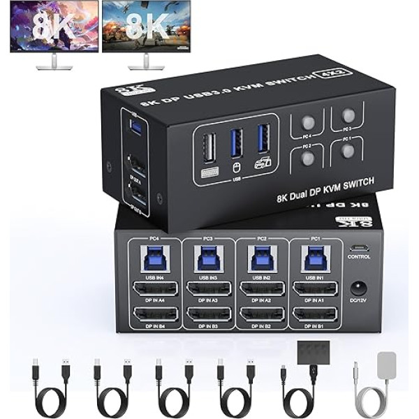 KVM slēdzis 4 PC 2 monitoriem 8K 60Hz 4K 120Hz, divu monitoru KVM slēdzis DisplayPort Aluminium ar 3 USB 3.0 pieslēgvietām 2 PC/Laptops, DP 1.4 KVM slēdzis koplieto peli, tastatūru un 4 USB ierīces